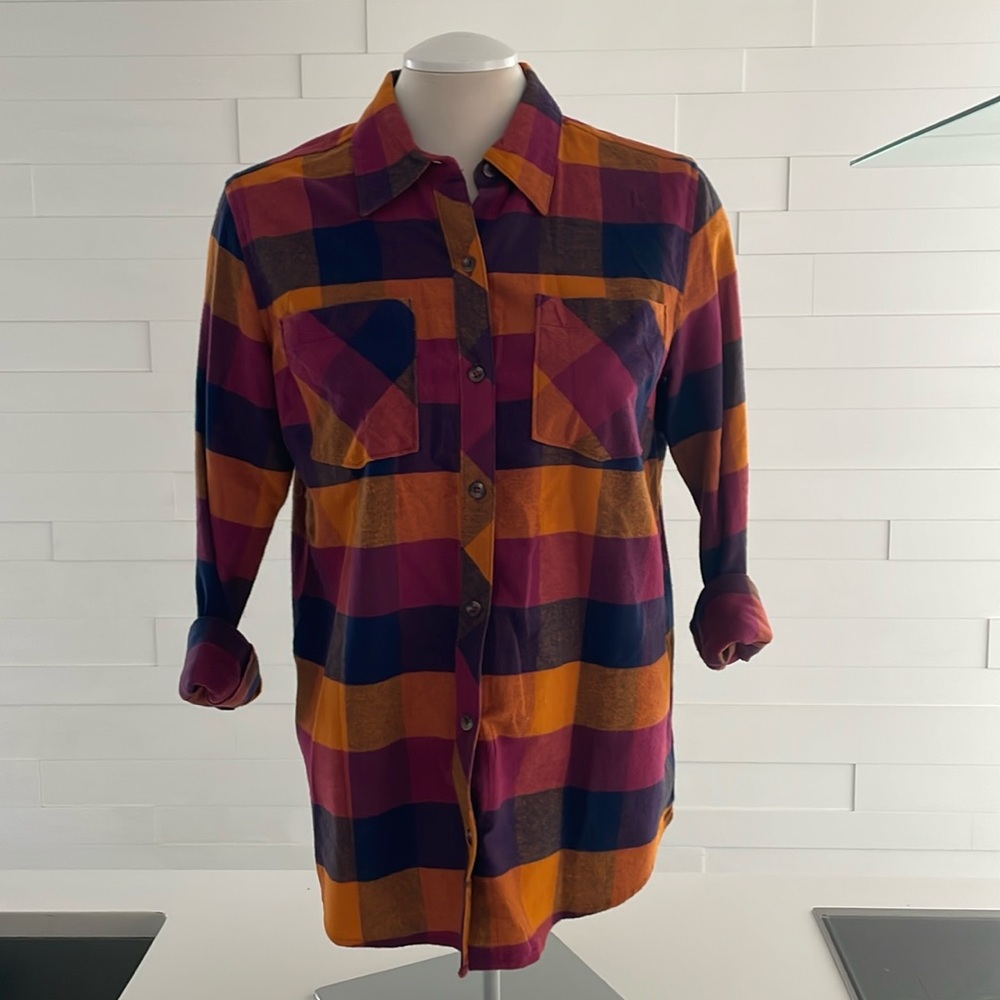 S Plaid button down long sleeve women’s top 100% cotton purple/pink/orange/navy